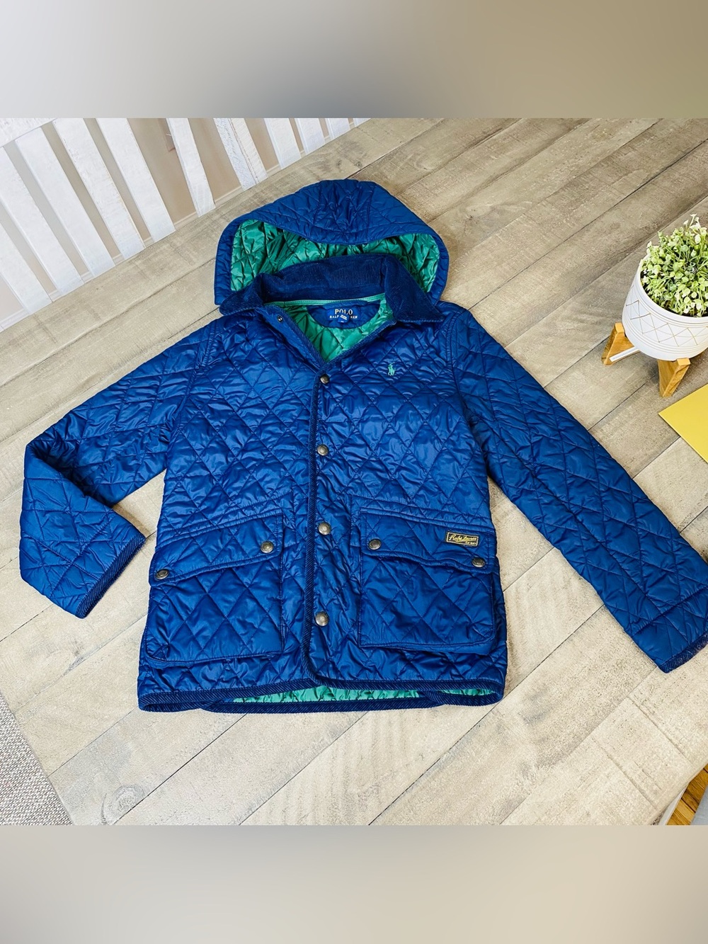 Polo Ralph Lauren Boys Blue Quilted Hooded Jacket Green Lining Sz 10